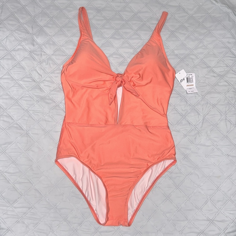 Athena One-Piece Swimsuit 12 Front Tie Plunge V-Neck Keyhole Solid Peach NWT